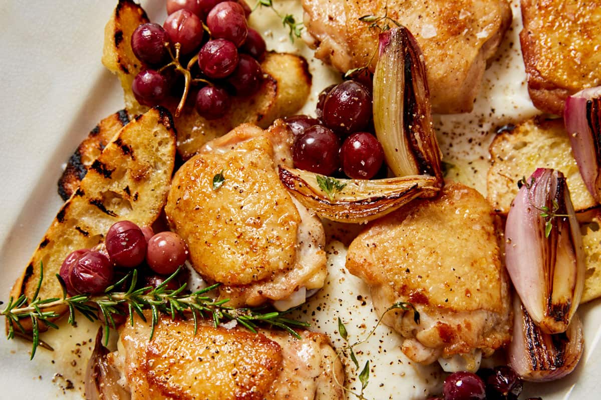 Roast chicken and grapes with burrata