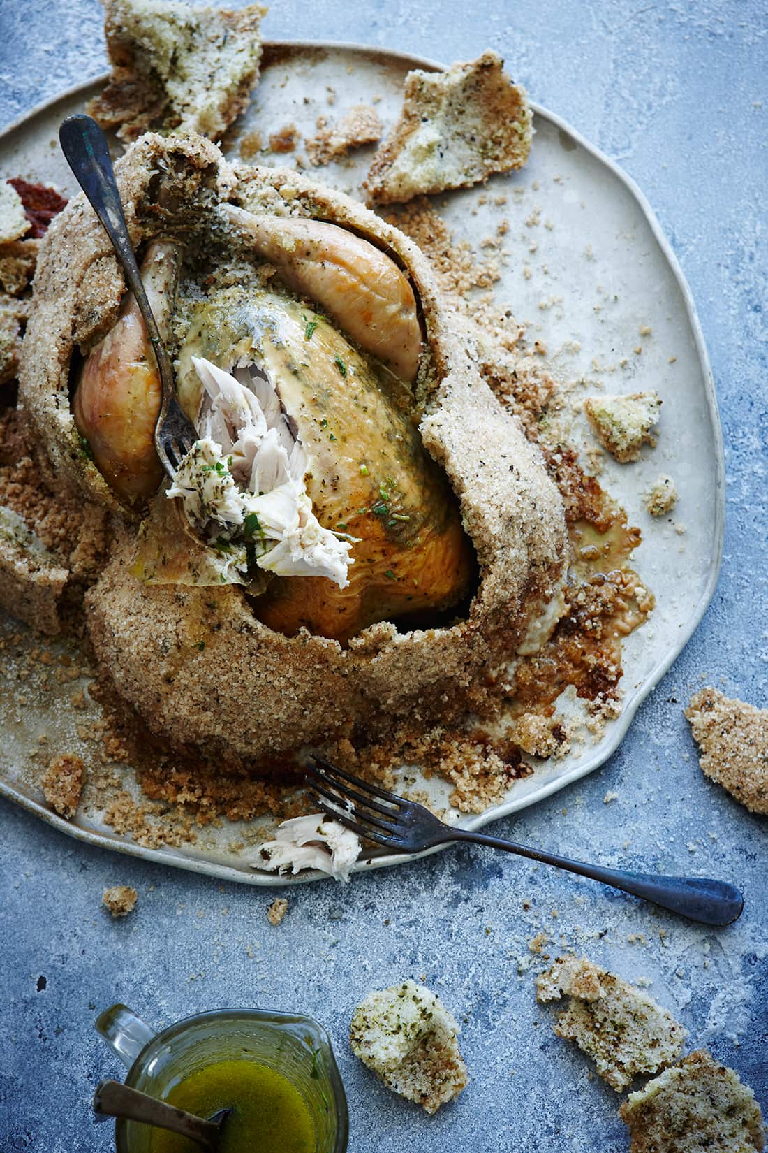 Salt-crusted roast chicken with tarragon vinaigrette
